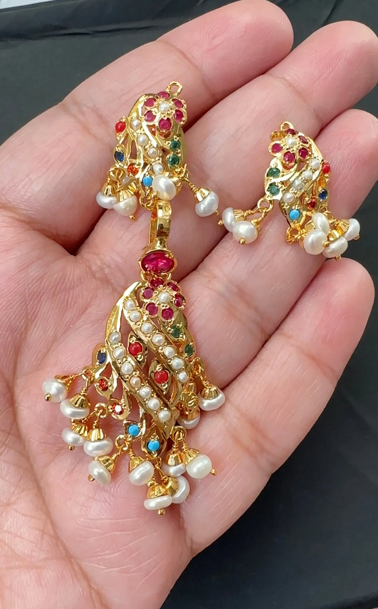 Gold plated jadau silver pendant set in navratan   ( READY TO SHIP )