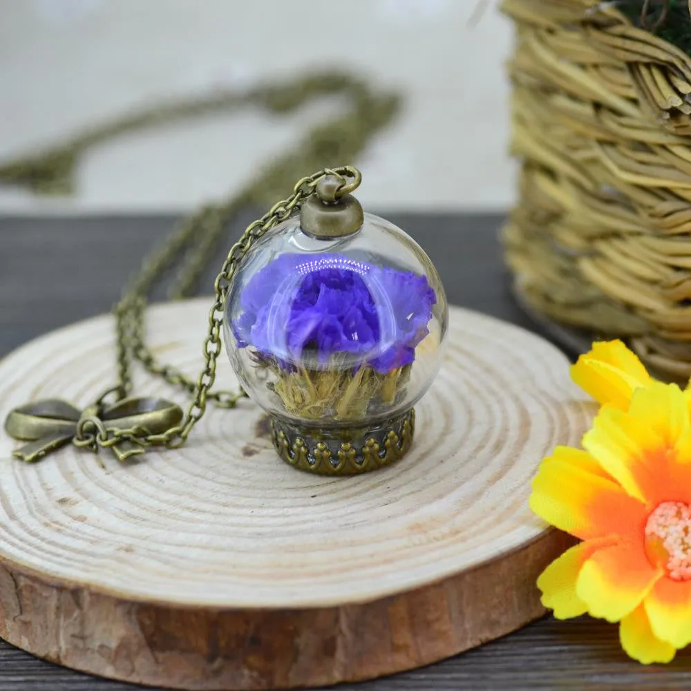 Real natural air dried flowers necklace Glass Dome Pendant necklace antique Bronze chain Necklace Lavender Flower for women 88cm