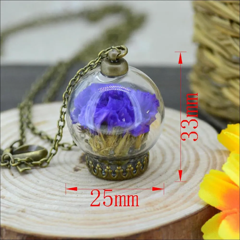 Real natural air dried flowers necklace Glass Dome Pendant necklace antique Bronze chain Necklace Lavender Flower for women 88cm