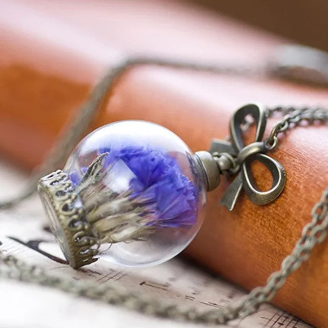 Real natural air dried flowers necklace Glass Dome Pendant necklace antique Bronze chain Necklace Lavender Flower for women 88cm