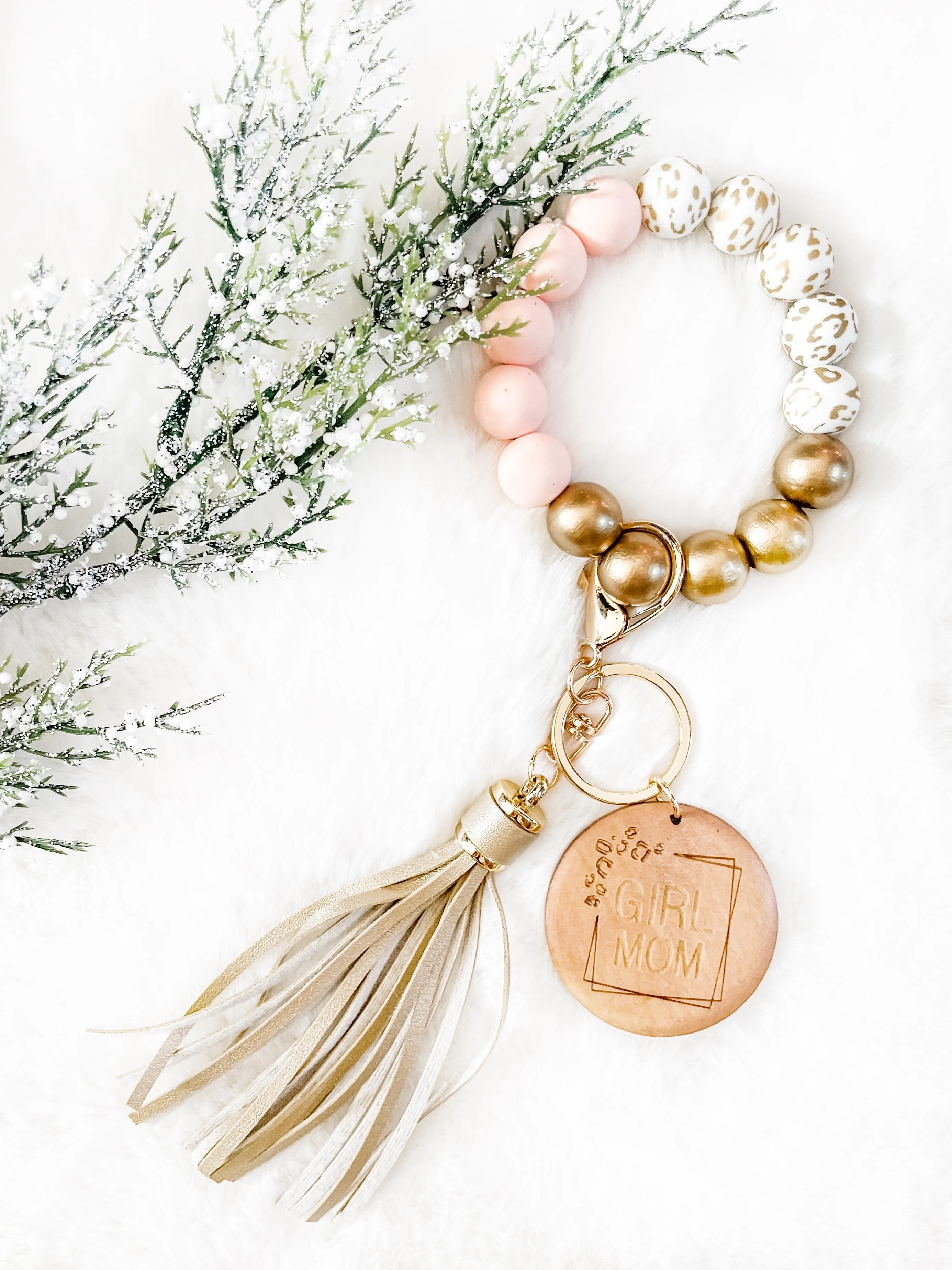 Trending Rose & White Leopard Bracelet Key Chain - Girl Mom - Grandma - Nana